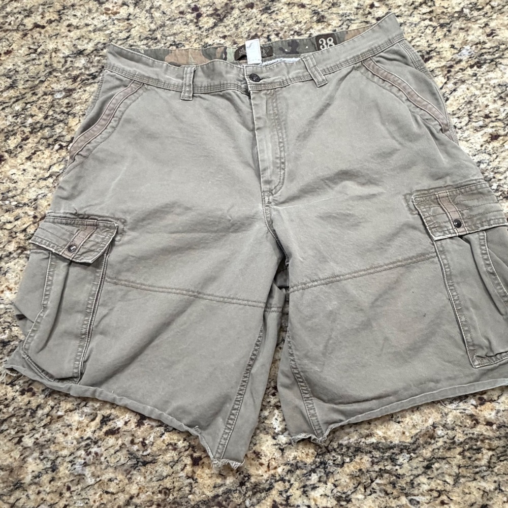 Vintage Old Navy Mens Cargo Shorts Size 38 Olive Green Cotton Twill Frayed Hem‎